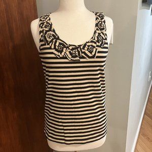 kate spade Striped Tank with Beaded Rosette Neckline Cream/Black Sz L